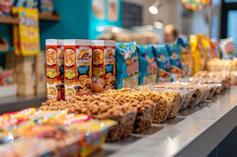 Variedad de snacks en un mostrador de cine