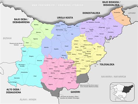 Mapa de la región de Gipuzkoa con Donostia y localidades cercanas