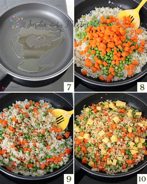 Preparación de arroz tres delicias en sartén