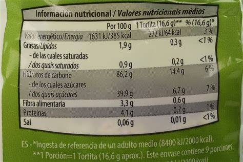 Etiqueta nutricional de una tortita de arroz
