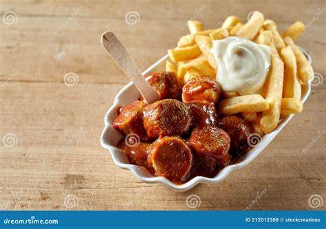 Plato de Currywurst con patatas fritas