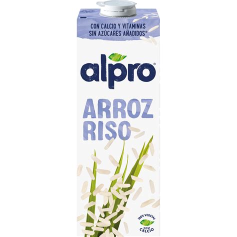 Vaso de bebida de arroz Alpro con granos de arroz