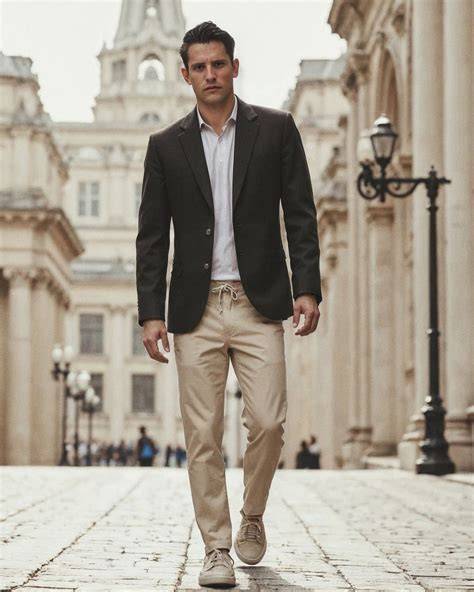 Outfit formal con pantalón de pana beige y blazer a juego