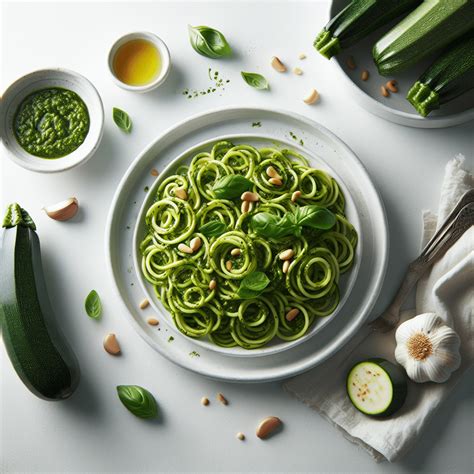 Plato de espaguetis de calabacín con pesto