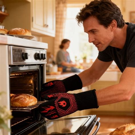 Panadero utilizando guantes antitérmicos para manipular un horno