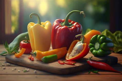Ingredientes frescos sobre una mesa de madera incluyendo pimientos y cordero