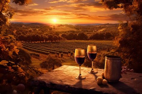 Pareja brindando con vino en un viñedo al atardecer
