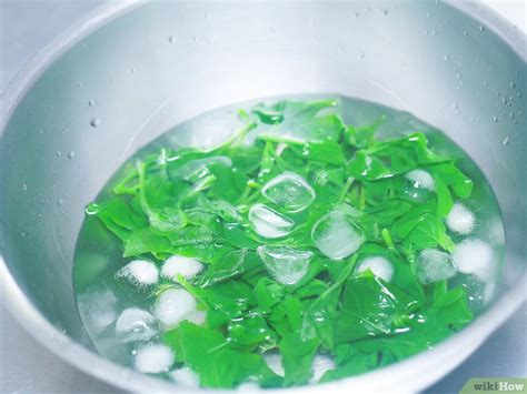 Espinacas escaldadas en un bol con hielo