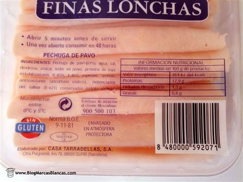 Etiquetado nutricional de pechuga de pavo en lonchas