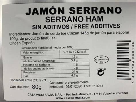 Etiqueta nutricional de jamón serrano con ingredientes