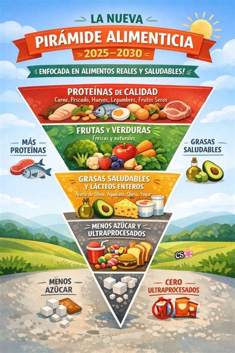Gráfico de pirámide alimenticia con énfasis en proteínas y grasas saludables