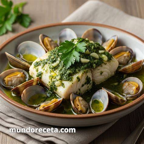 Plato de merluza en salsa verde con almejas y perejil fresco