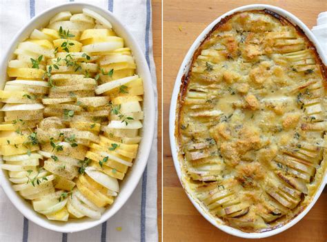 fuente de horno con brócoli y patatas gratinadas con una capa dorada de queso