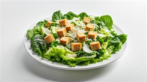Fotografía de una ensalada César clásica con lechuga romana, crutones, parmesano y aderezo.