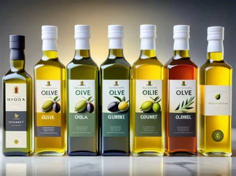 Botellas de diferentes tipos de aceite de oliva virgen extra, destacando la variedad Arbequina