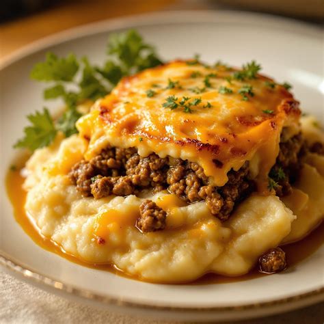 Pastel de carne con puré gratinado listo para servir