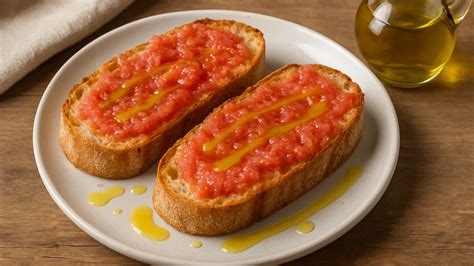 Ingredientes frescos para pan con tomate: pan rústico, tomates maduros, ajo, aceite de oliva virgen extra y sal