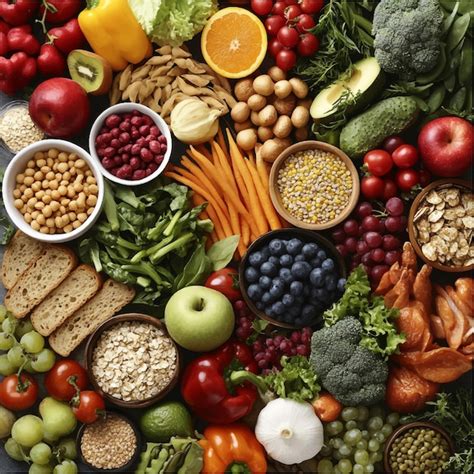Imagen de una variedad de frutas, verduras y legumbres ricas en fibra