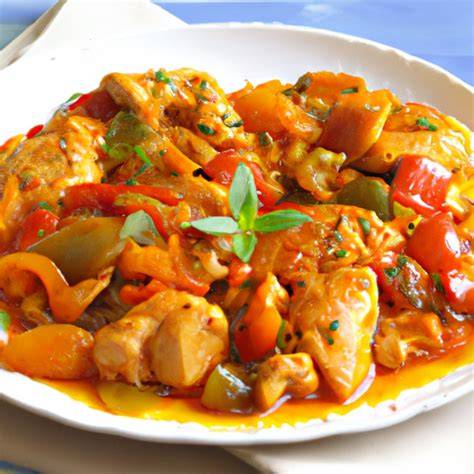 Pollo con peperonata servido en un plato
