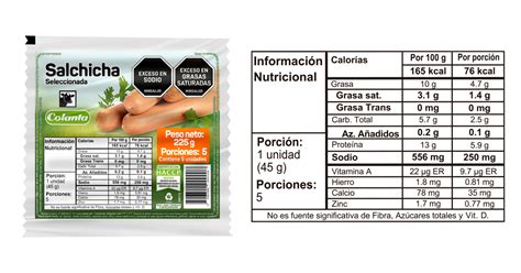 Etiqueta nutricional de salchichas de pollo