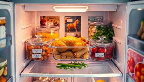 Recipientes herméticos con pollo cocinado en el refrigerador
