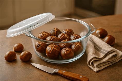 Castañas en un recipiente para microondas