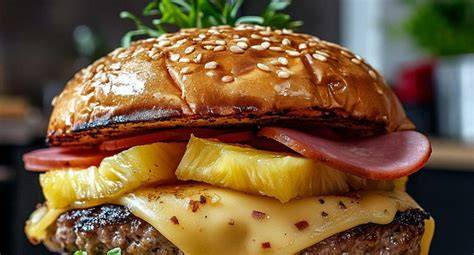 Infografía con los ingredientes clave de una hamburguesa colombiana con piña