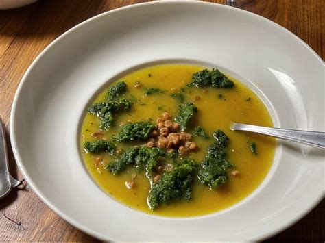 Plato servido de sopa de col kale con piñones y limón