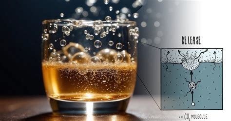 Diagrama mostrando la nucleación de burbujas en una bebida carbonatada.
