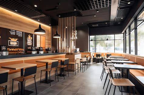 Interior sencillo de un restaurante de comida rápida asiática