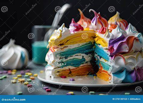 Montaje de tarta arcoíris con capas de colores