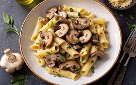 Plato de pasta con champiñones y aceitunas