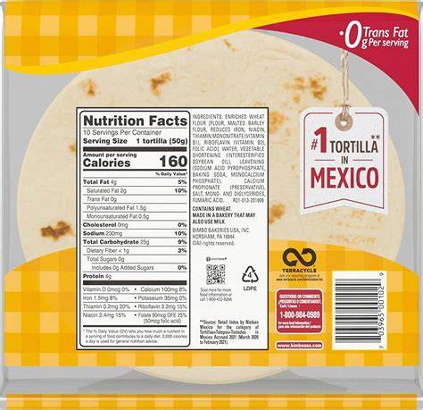 Tabla nutricional de las tortillas de harina HEB