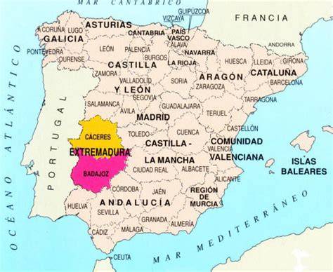 Mapa de España destacando la región de Extremadura