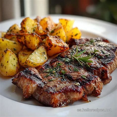 Plato de carne asada gallega con patatas