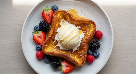 Torrijas con helado de vainilla y frutos rojos