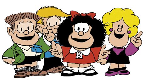 Dibujo de Mafalda con sus amigos: Felipe, Manolito, Susanita y Miguelito