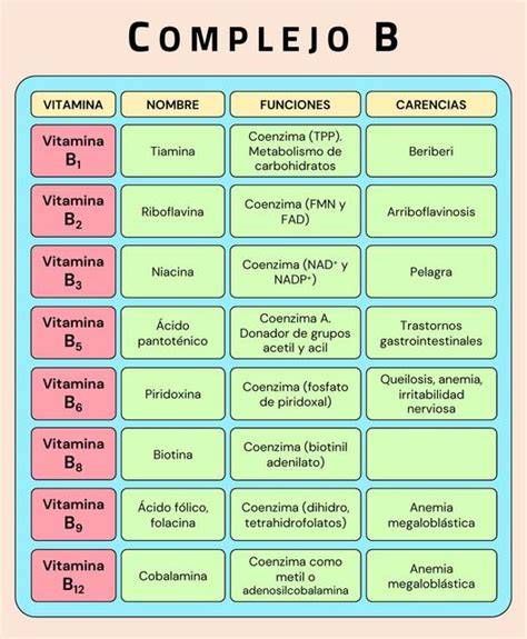 Tabla de vitaminas del grupo B y sus funciones