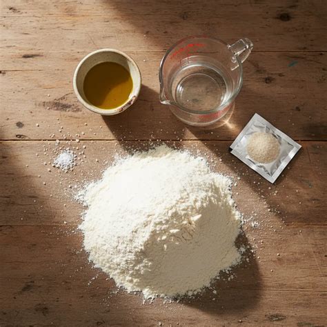 Ingredientes básicos para masa de pizza: harina, agua, levadura, sal, aceite de oliva