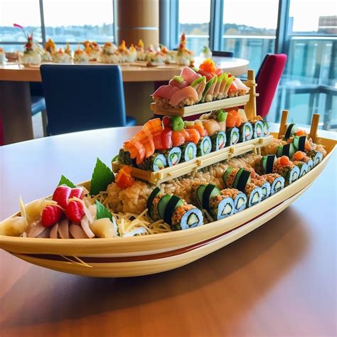 Variedad de sushi rolls en un barco de presentación