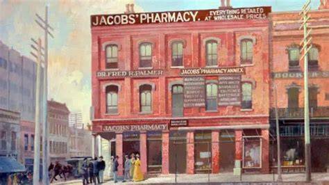 Ilustración de John Pemberton y la primera farmacia donde se vendió Coca-Cola