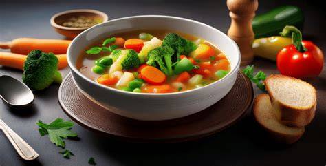 Sopa de verduras servida con acompañamientos