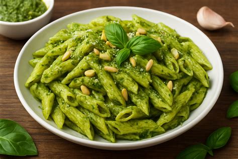 Plato de pasta al pesto saludable
