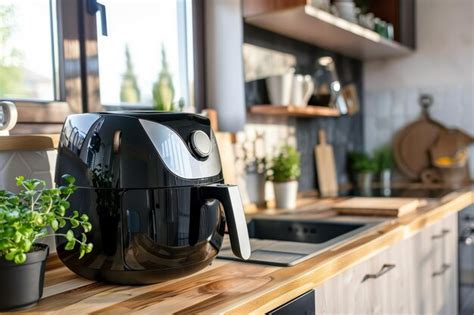 Freidora de aire roja en una cocina moderna