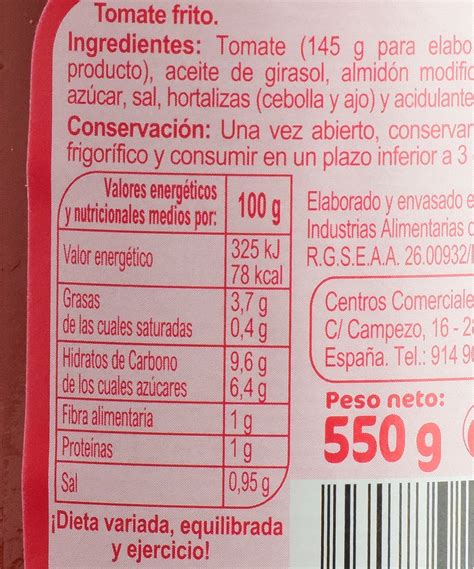 Tabla nutricional del tomate frito