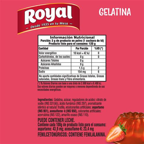 Ingredientes y etiqueta nutricional del Postre Royal