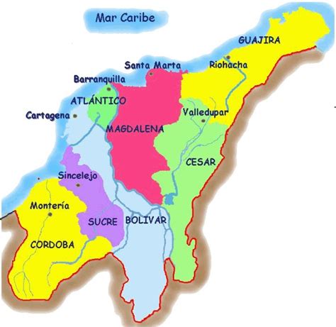 Mapa de la región Caribe colombiana destacando Sucre y Córdoba