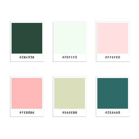 Paleta de colores combinando verde pastel con blanco, rosa y mostaza