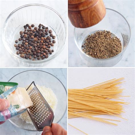 Ingredientes esenciales del cacio e pepe: Pecorino Romano, pimienta negra y pasta seca