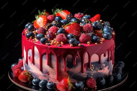 Tarta decorada con fresas, cerezas y arándanos